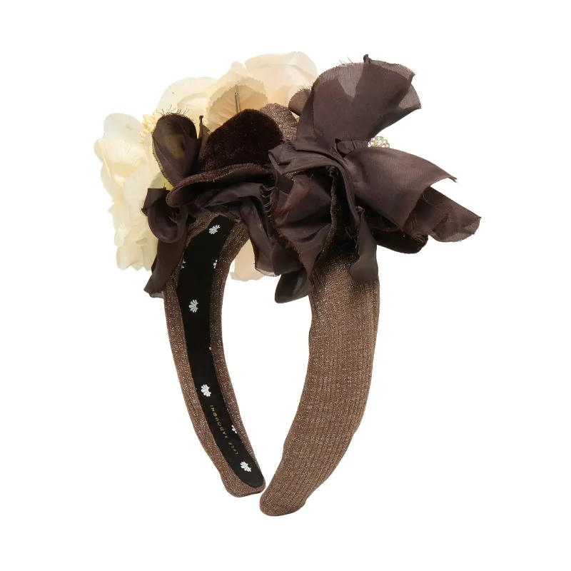 HAZELNUT FLORAL PAVE ROSETTE HEADBAND sold by Lele Sadoughi