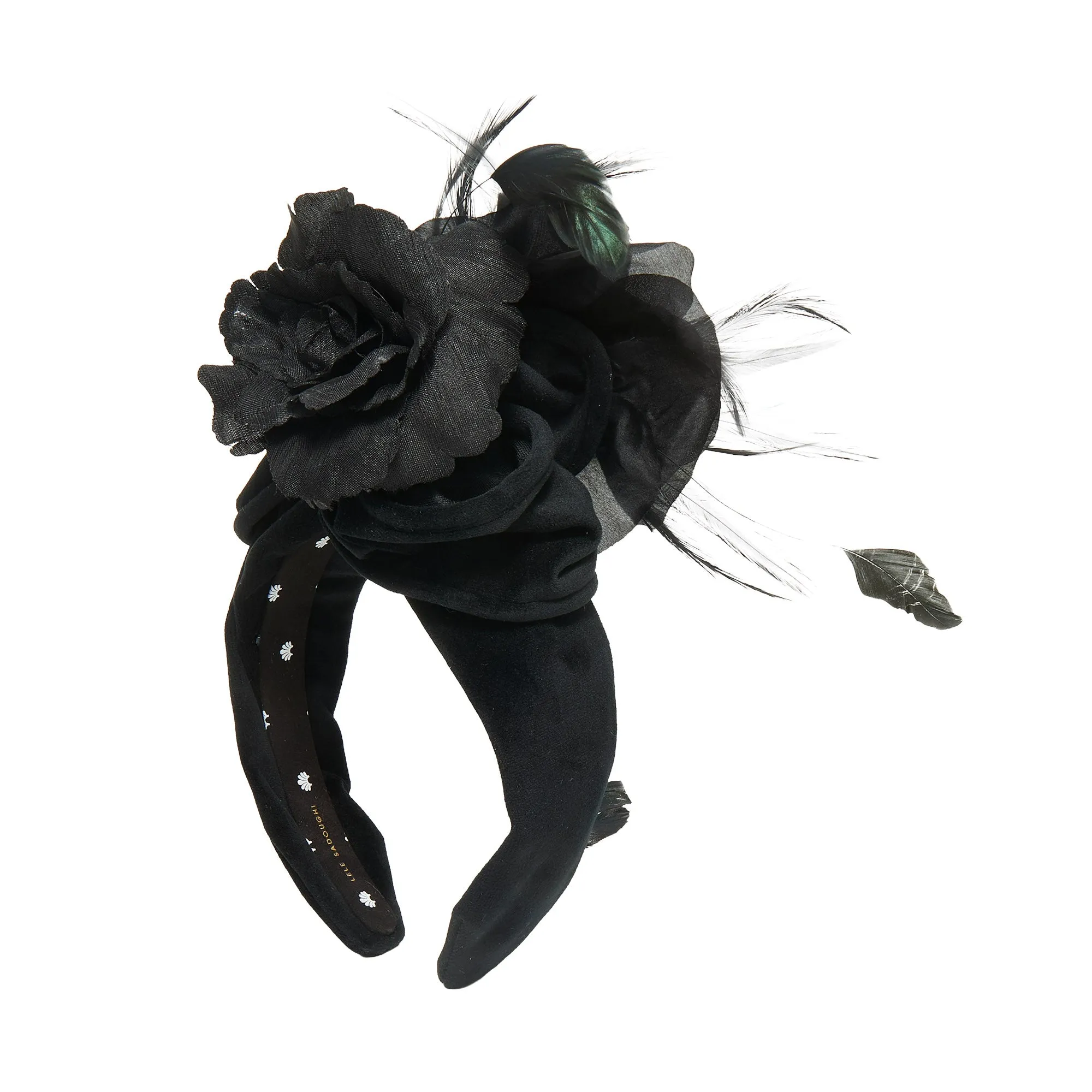 JET FEATHER VELVET CRAWFORD HEADBAND sold by Lele Sadoughi