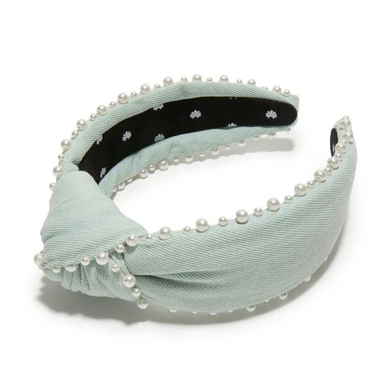 *PRE-ORDER* LIGHT DENIM KNOTTED PEARL EDGE HEADBAND sold by Lele Sadoughi