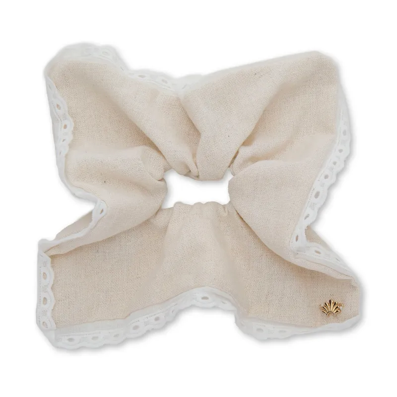 IVORY EYELET TRIM LINEN SQUARE SCRUNCHIE sold by Lele Sadoughi