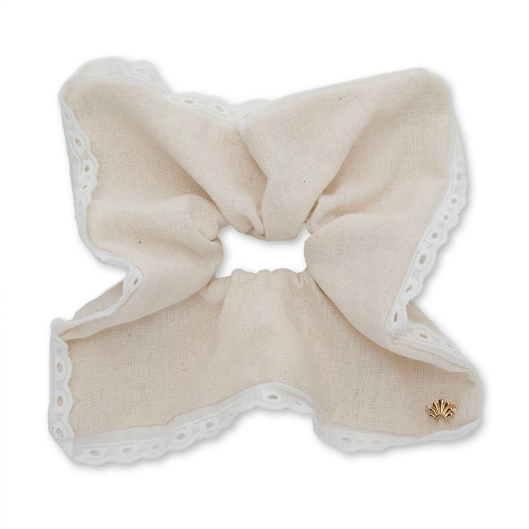 IVORY EYELET TRIM LINEN SQUARE SCRUNCHIE sold by Lele Sadoughi