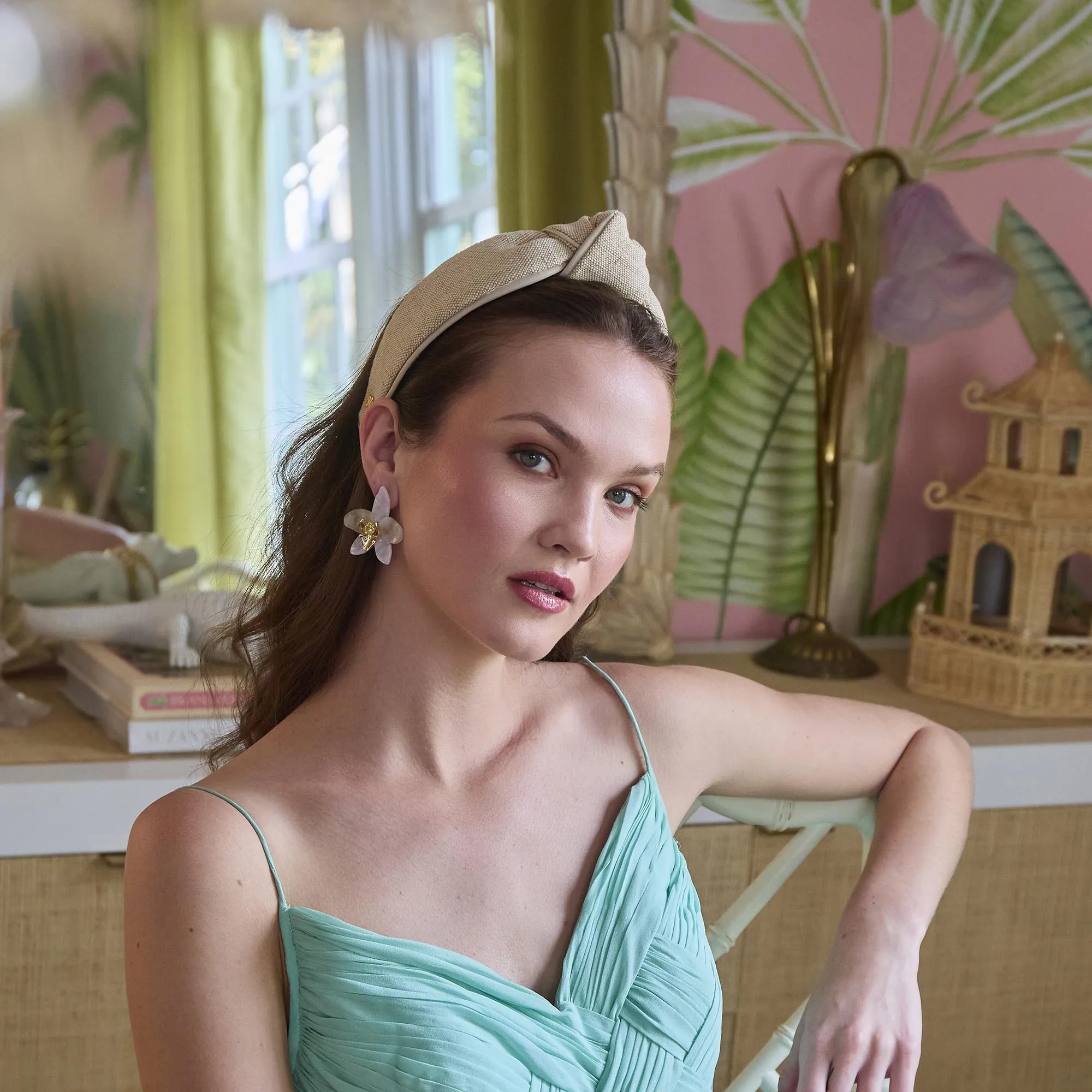 KHAKI KNOTTED FAUX LEATHER TRIM HEADBAND sold by Lele Sadoughi product image thumbnail 2