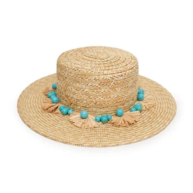 *PRE-ORDER* NATURAL TURQUOISE POMS STRAW HAT sold by Lele Sadoughi