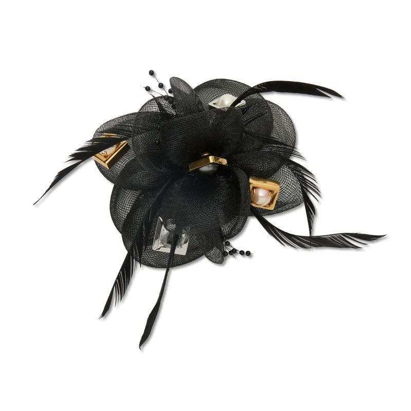 JET FEATHERED CRYSTAL PEARL BROOCH made by Lele Sadoughi