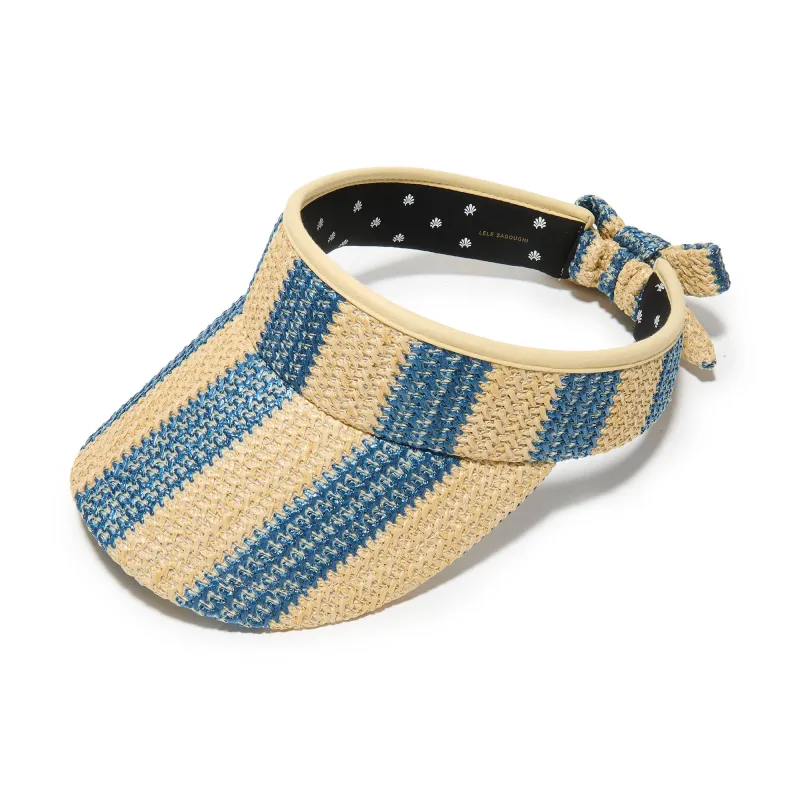 TURQUOISE LAPIS STRIPED RAFFIA BOW VISOR made by Lele Sadoughi