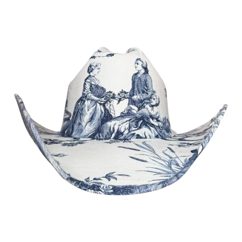 INDIGO TOILE FABRIC COVERED COWBOY HAT made by Lele Sadoughi