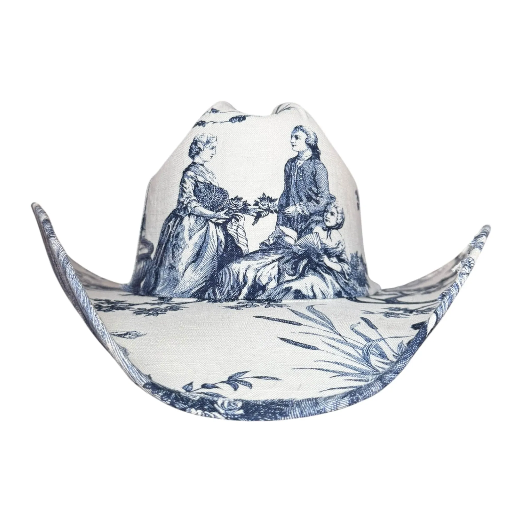 INDIGO TOILE FABRIC COVERED COWBOY HAT sold by Lele Sadoughi