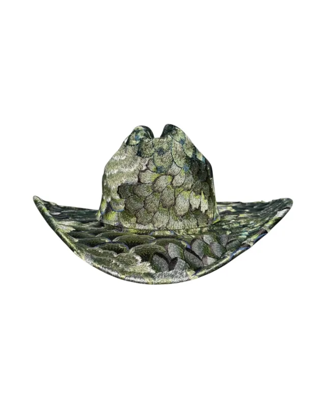EMERALD PLUME FABRIC COVERED COWBOY HAT made by Lele Sadoughi