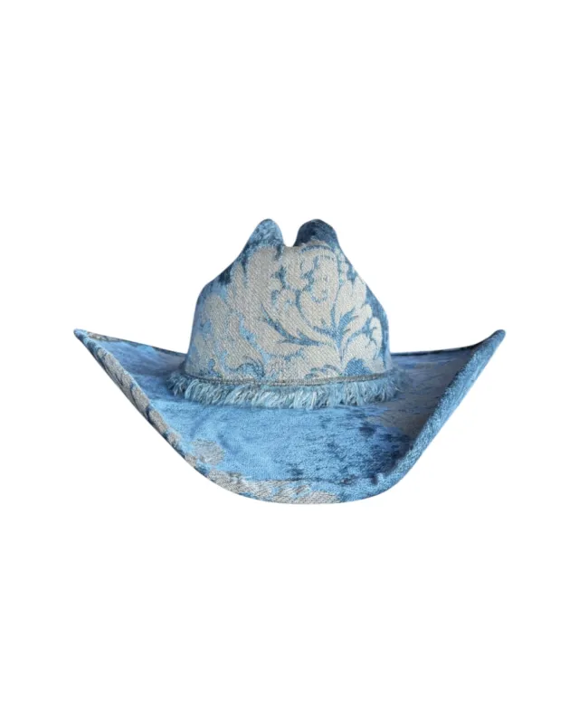 AZURE ROYALE FABRIC COVERED COWBOY HAT made by Lele Sadoughi