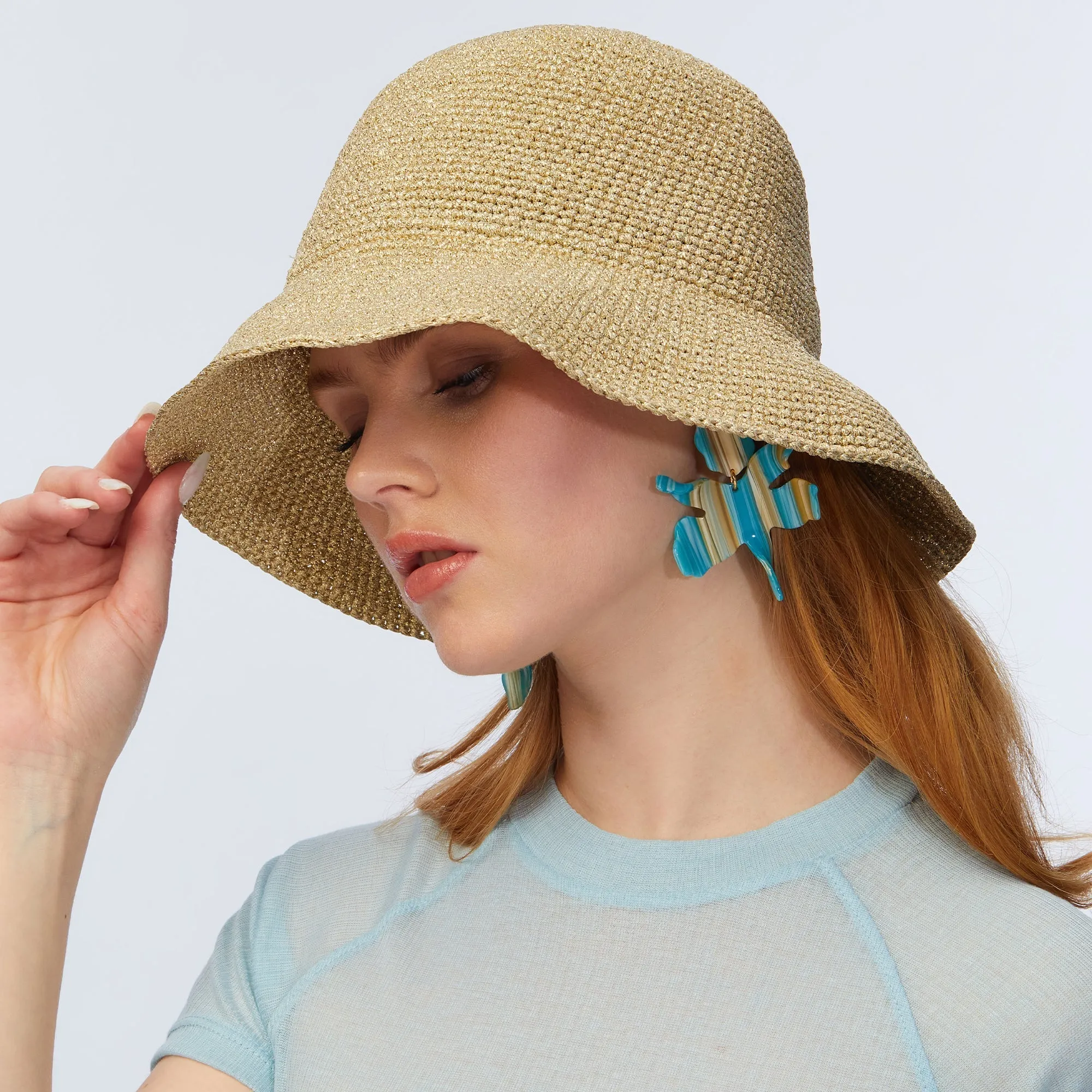 GOLD METALLIC YARN CROCHET BUCKET HAT sold by Lele Sadoughi product image thumbnail 4