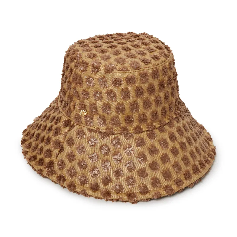 CHOCOLATE DOTTED RAFFIA LONG BRIM BUCKET sold by Lele Sadoughi