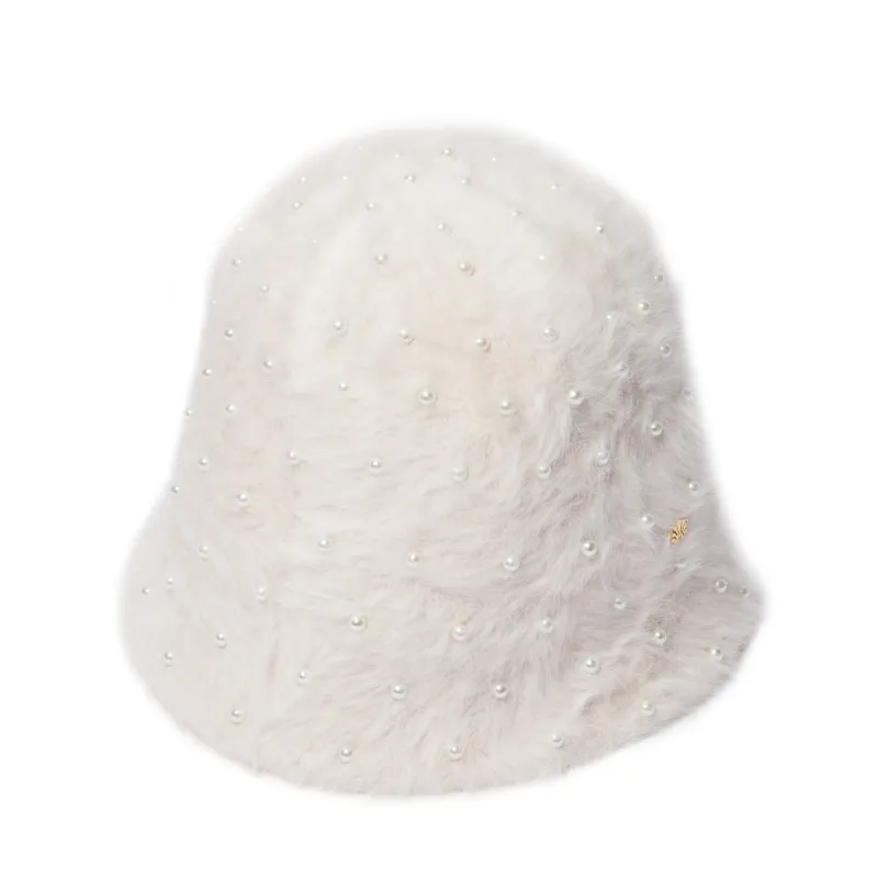 IVORY FAUX MOHAIR PEARL EMBELLISHED BUCKET HAT sold by Lele Sadoughi