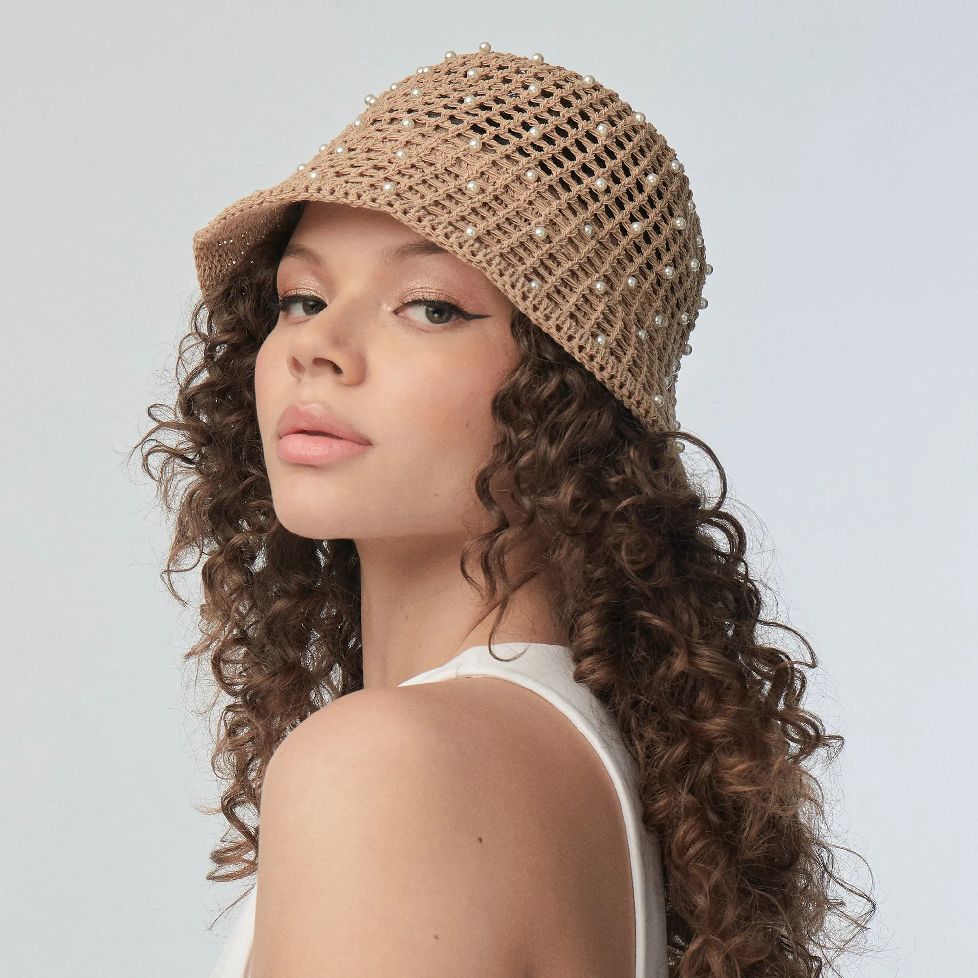 NATURAL OPEN WEAVE PEARL BUCKET HAT sold by Lele Sadoughi product image thumbnail 4