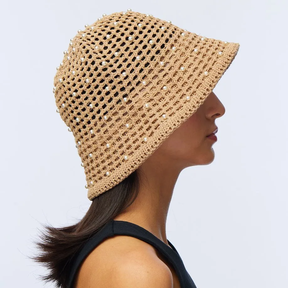NATURAL OPEN WEAVE PEARL BUCKET HAT sold by Lele Sadoughi product image thumbnail 2