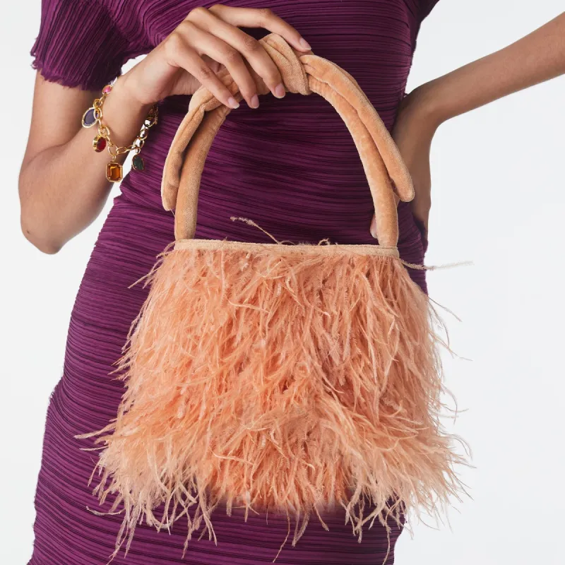 MAUVE BEATRIX FEATHER MINI TOTE BAG sold by Lele Sadoughi
