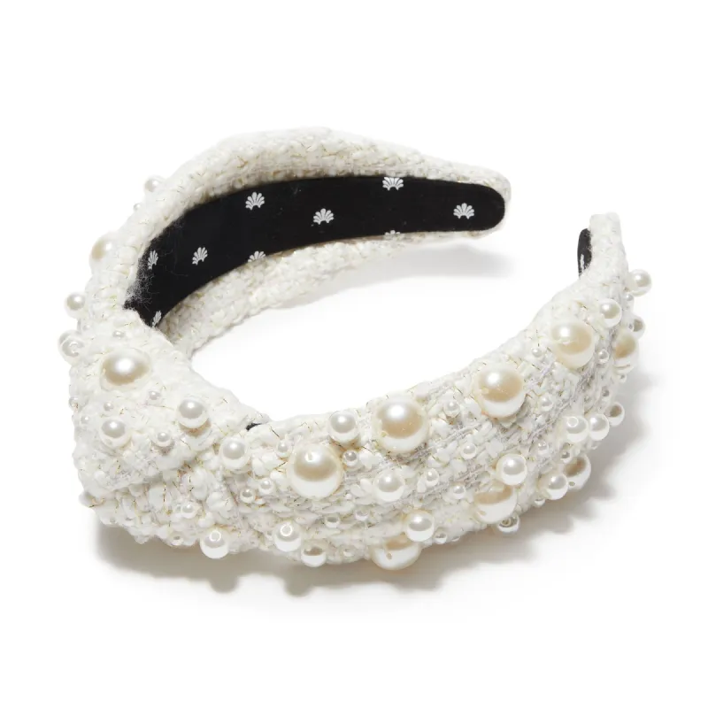 IVORY MULTI PEARL TWEED KNOTTED HEADBAND sold by Lele Sadoughi