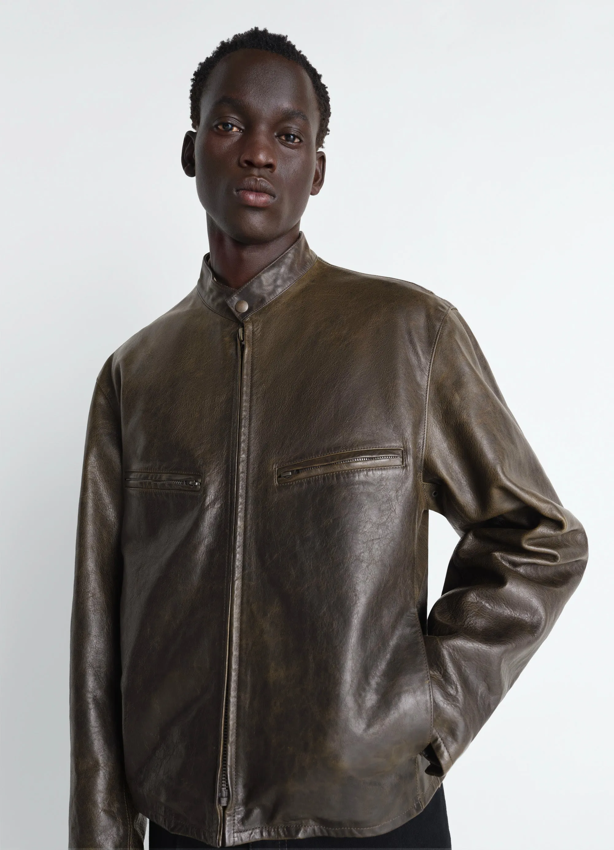 BOXY BIKER JACKET IN WAXY COW LEATHER sold by Lemaire