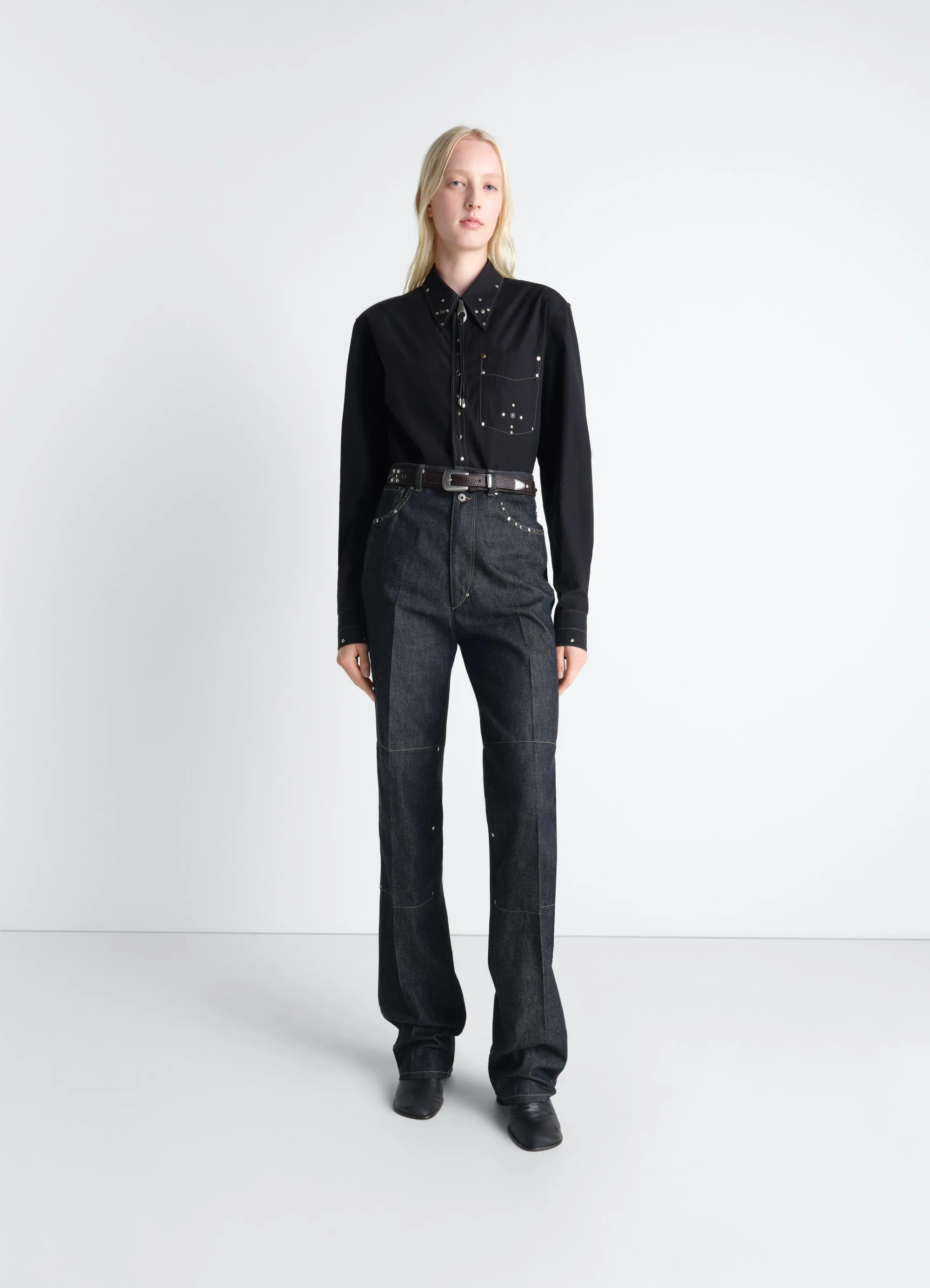 HIGH WAISTED STRAIGHT PANTS WITH STUDS IN DENIM sold by Lemaire