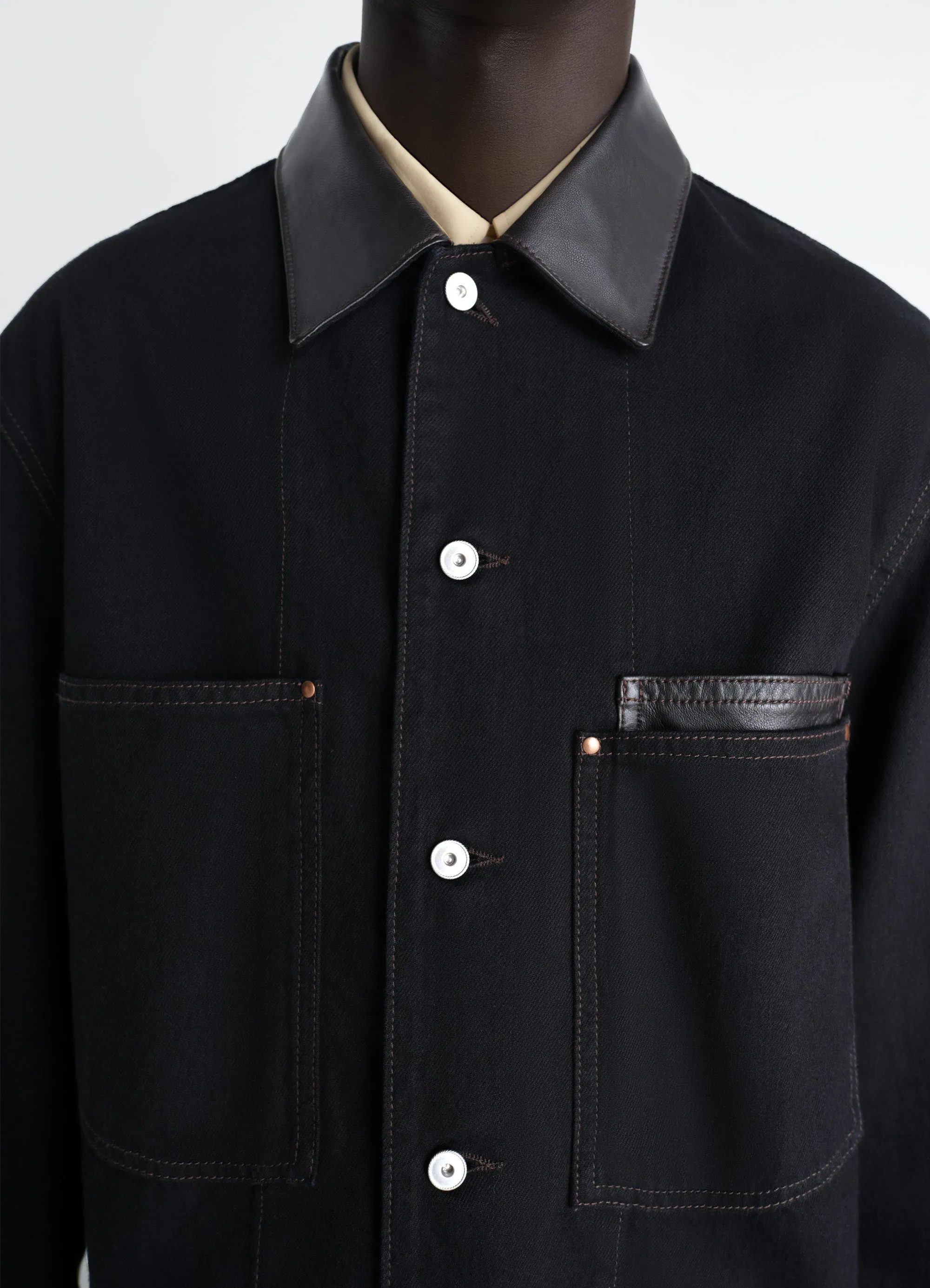 WORKWEAR OVERSHIRT WITH LEATHER COLLAR IN DENIM sold by Lemaire product image thumbnail 4