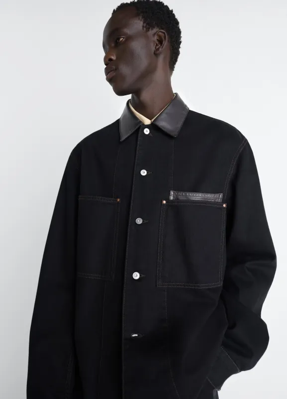WORKWEAR OVERSHIRT WITH LEATHER COLLAR IN DENIM made by Lemaire