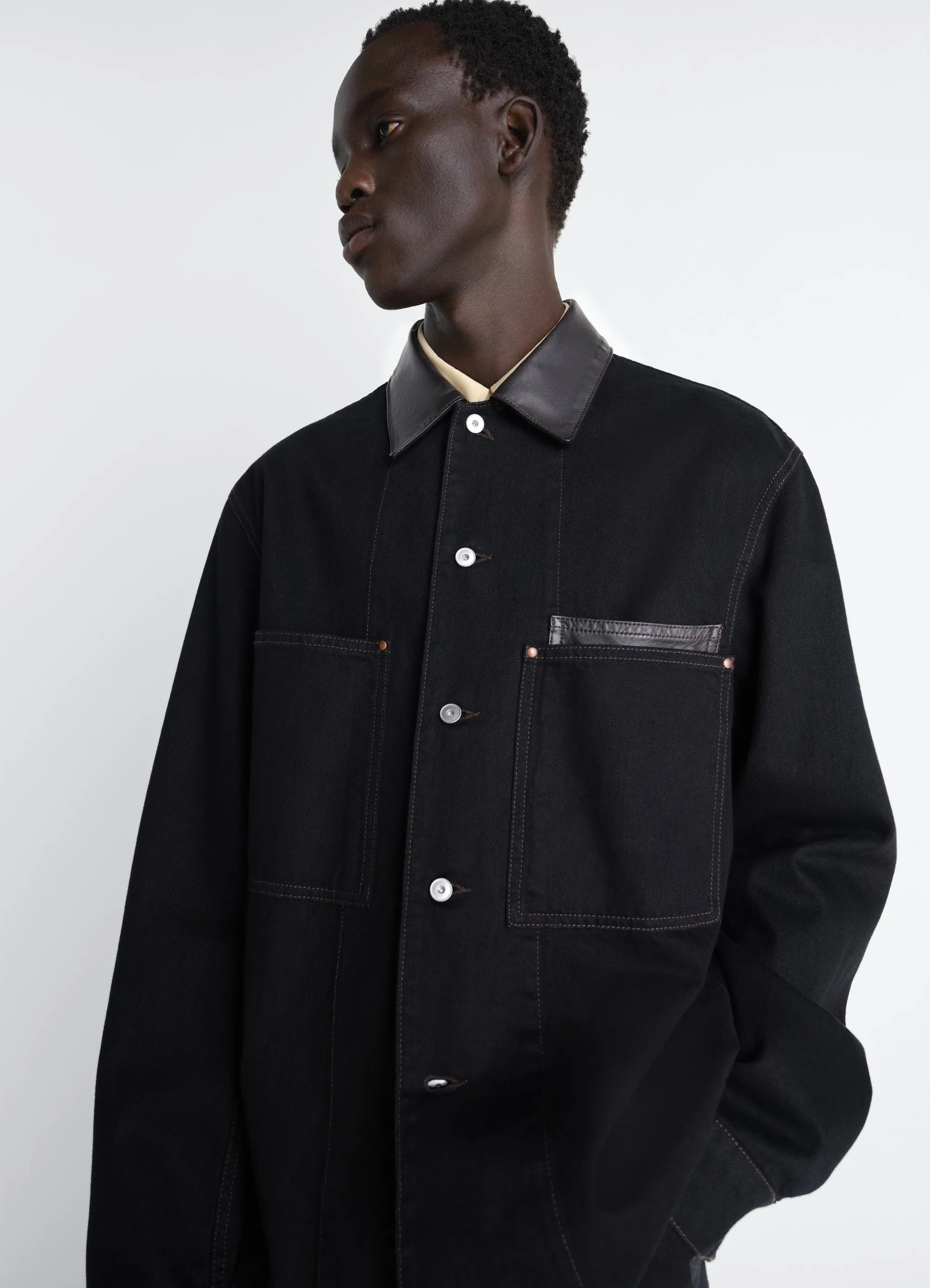 WORKWEAR OVERSHIRT WITH LEATHER COLLAR IN DENIM sold by Lemaire