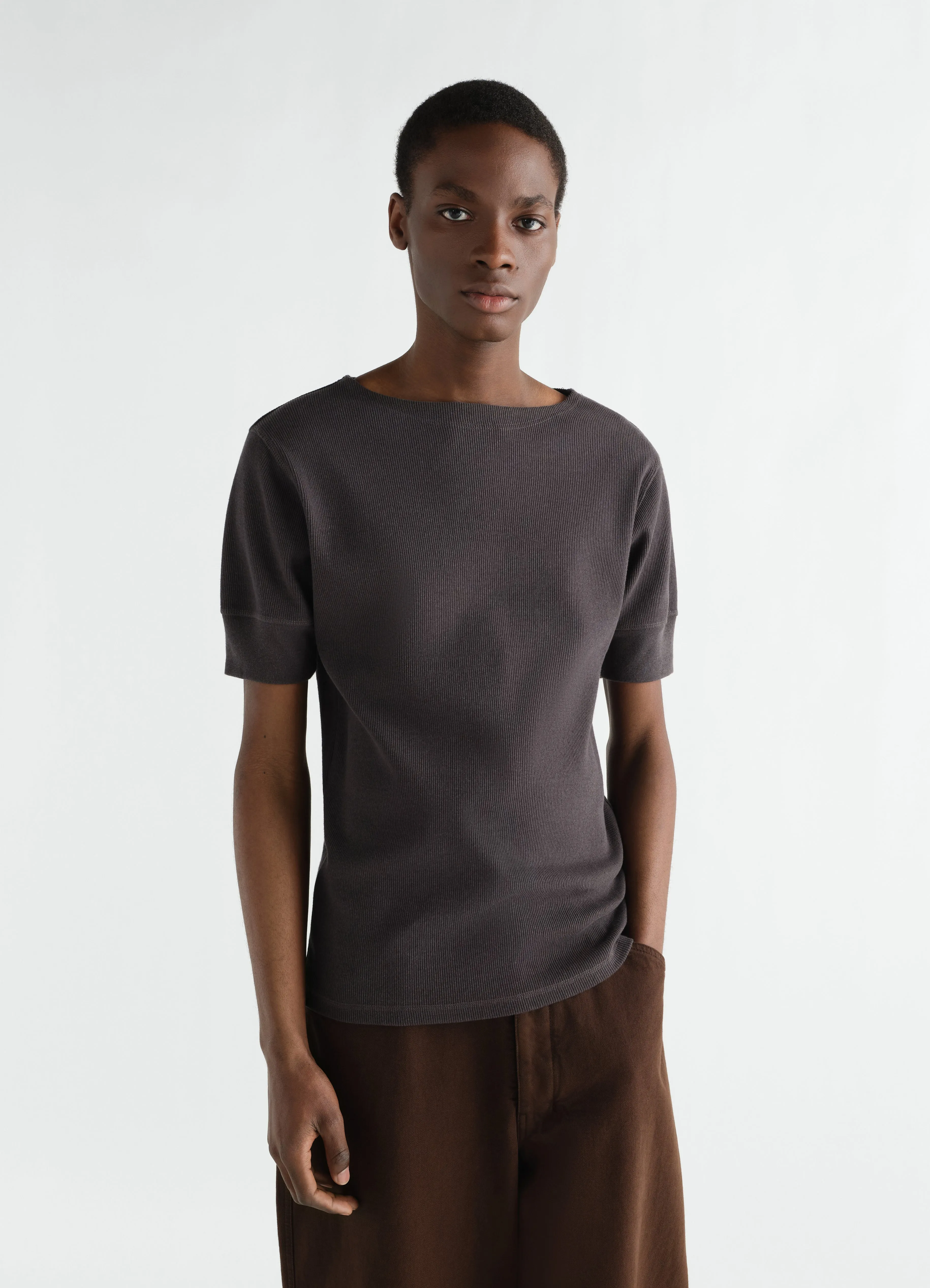 BOAT-NECK T-SHIRT IN LINEN AND COTTON RIBBED JERSEY sold by Lemaire