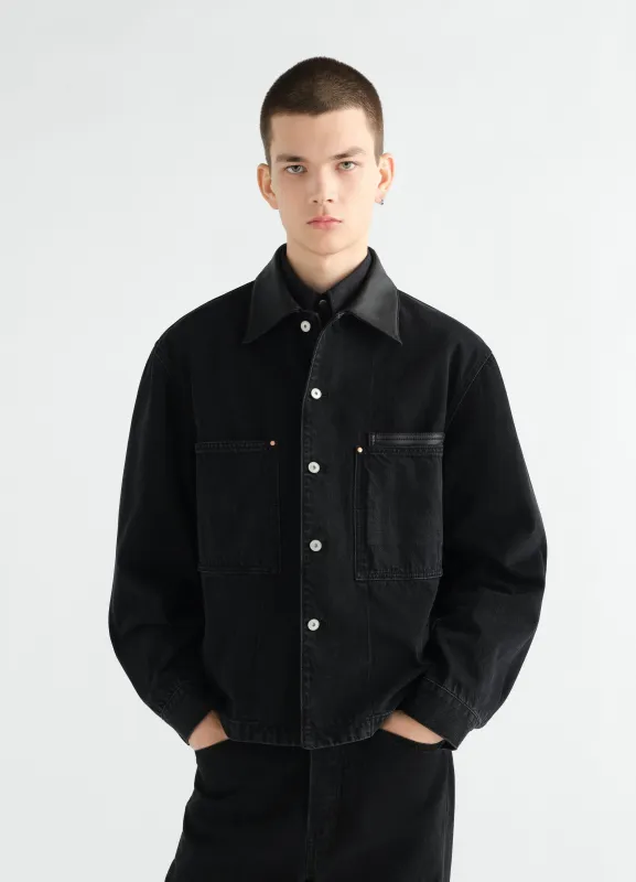 WORKWEAR OVERSHIRT WITH LEATHER COLLAR IN BLACK SELVEDGE DENIM made by Lemaire