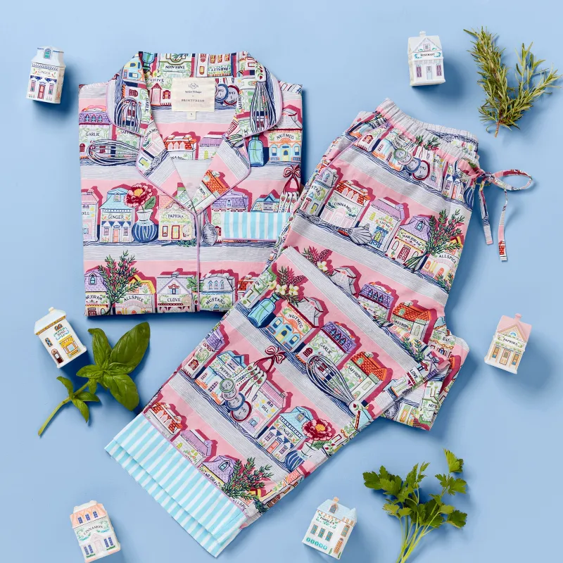Lenox Spice Village x Printfresh Pink Kitchen Long PJ Set sold by Lenox