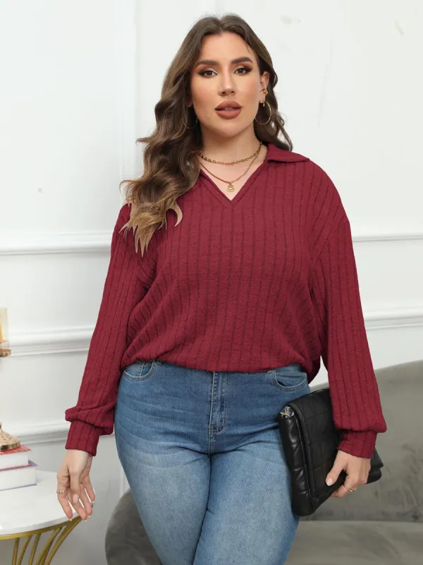 L.NY Plus Size Ribbed Collared Neck Long Sleeve Blouse sold by Leota