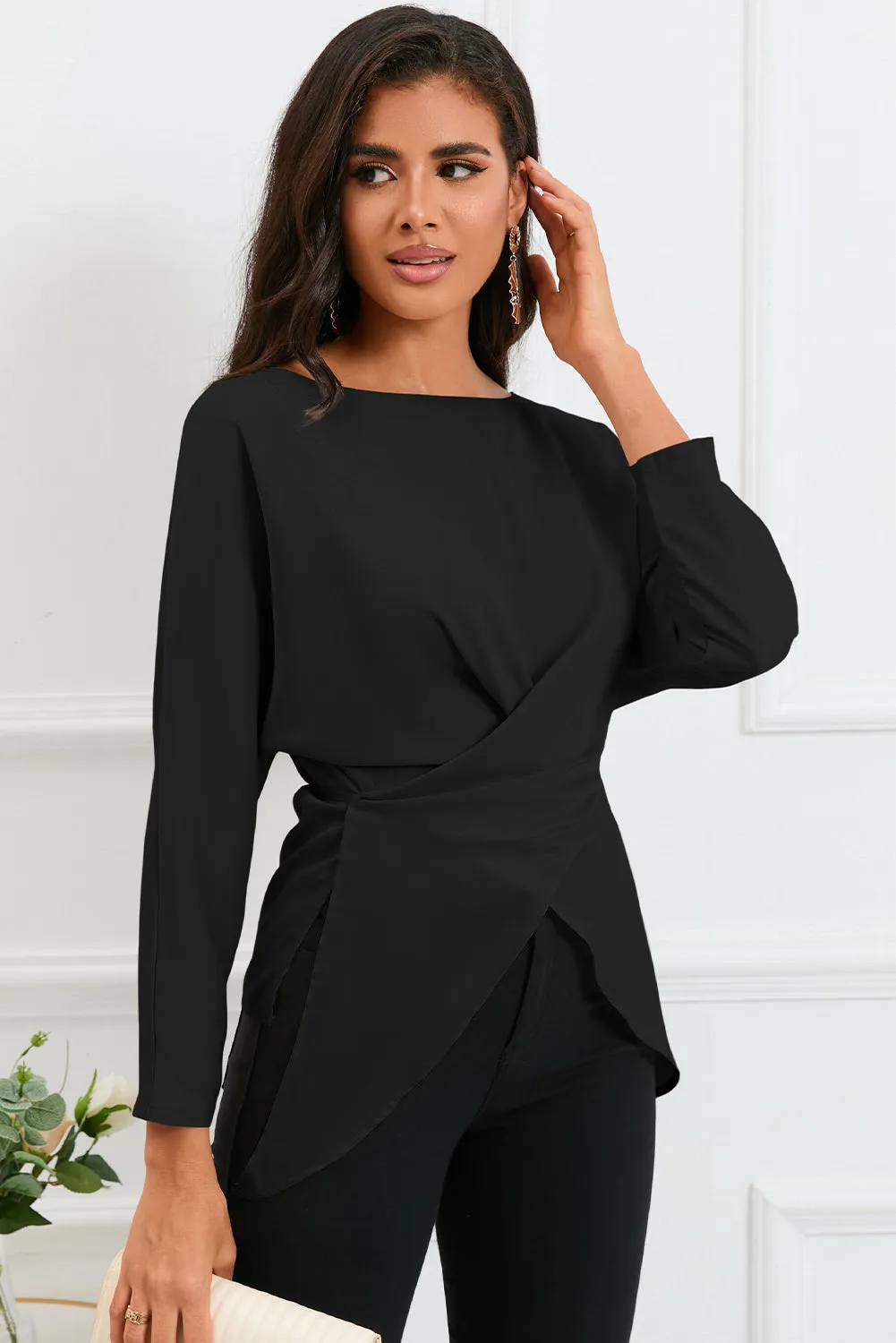L.NY Boat Neck Back Tie Long Sleeve Satin Blouse sold by Leota