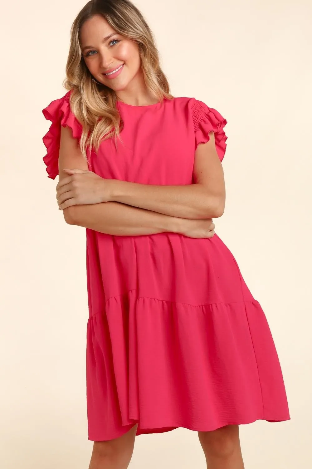 Haptics Full Size Smocking Ruffle Short Sleeve Dress with Pockets sold by Leota