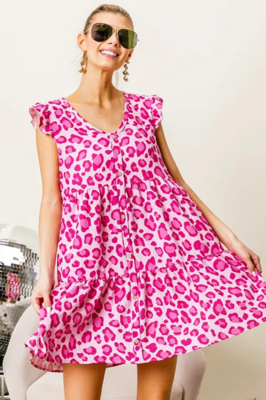 BiBi Leopard Cap Sleeve Tiered Mini Dress sold by Leota