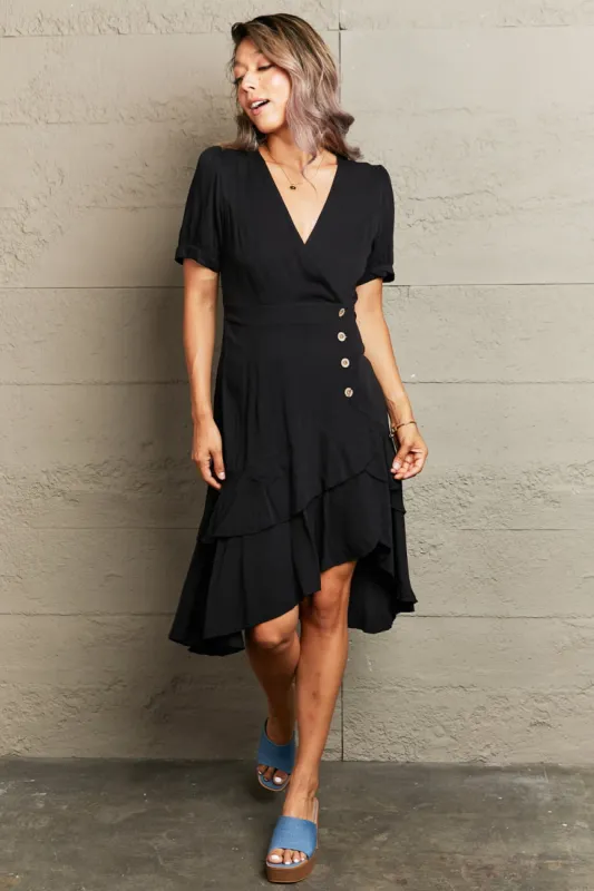 L.NY Perfee Decorative Button Surplice Ruffle Hem Dress sold by Leota