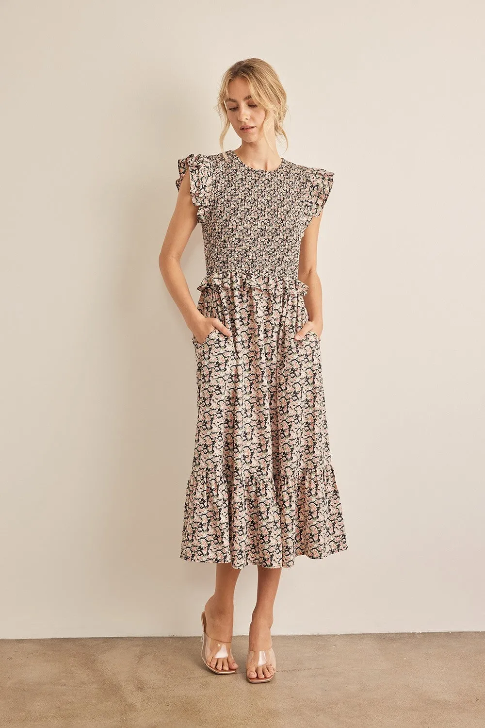 In February Floral Smocked Ruffled Midi Dress sold by Leota