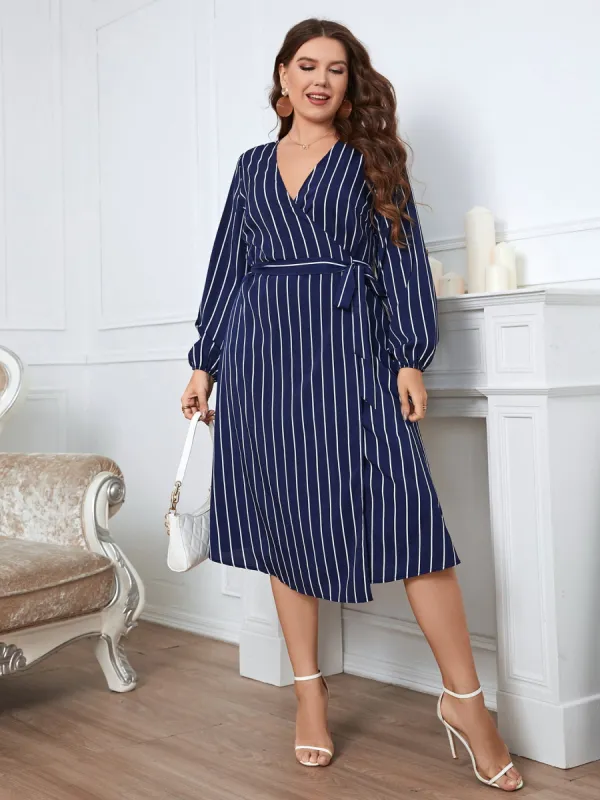 L.NY Plus Size Striped Surplice Neck Long Sleeve Dress sold by Leota