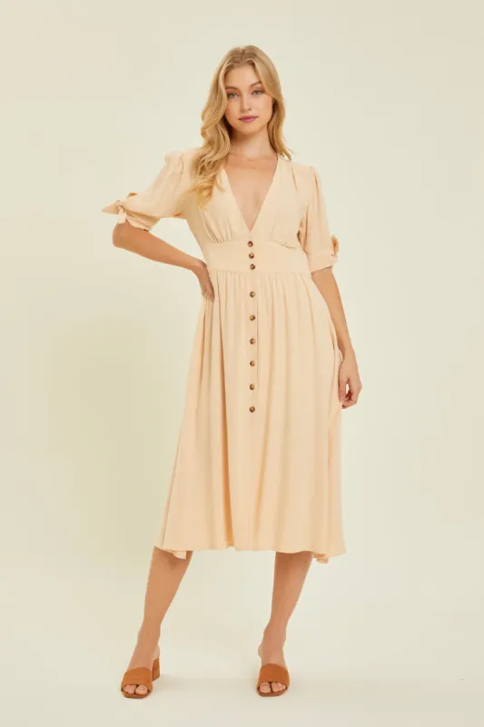 HEYSON Full Size Textured Linen V-Neck Button-Down Midi Dress sold by Leota