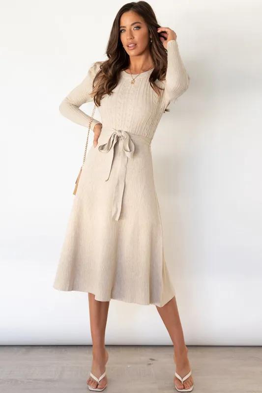 L.NY Round Neck Long Sleeve Tie Waist Sweater Dress sold by Leota