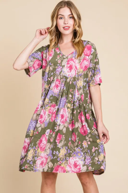 BOMBOM Flower Print V-Neck Ruched Dress sold by Leota