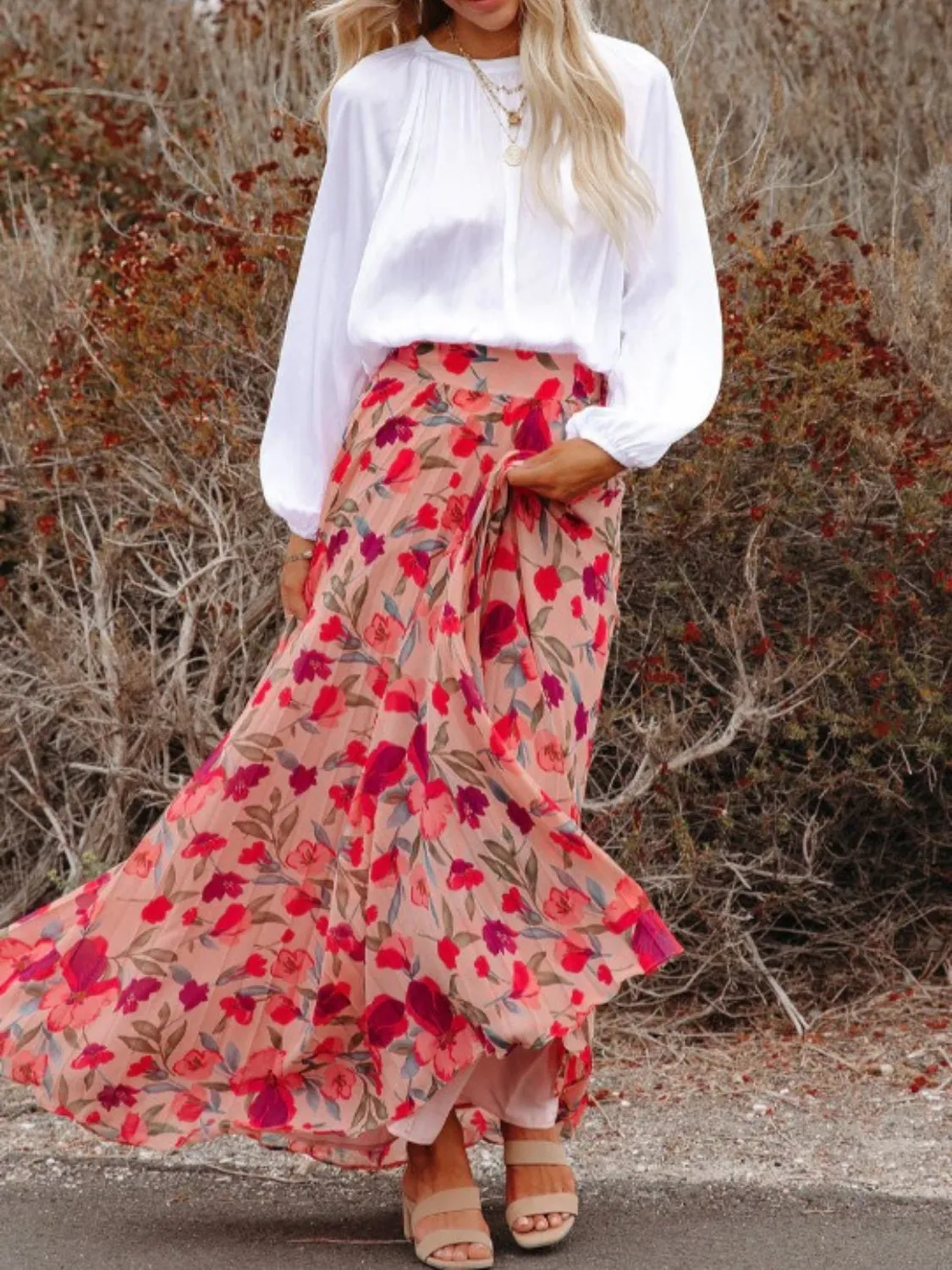 Printed Elastic Waist Pleated Maxi Skirt sold by Leota product image thumbnail 4