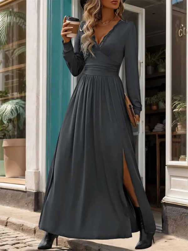 Perfee Lace Detail Slit V-Neck Long Sleeve Dress sold by Leota