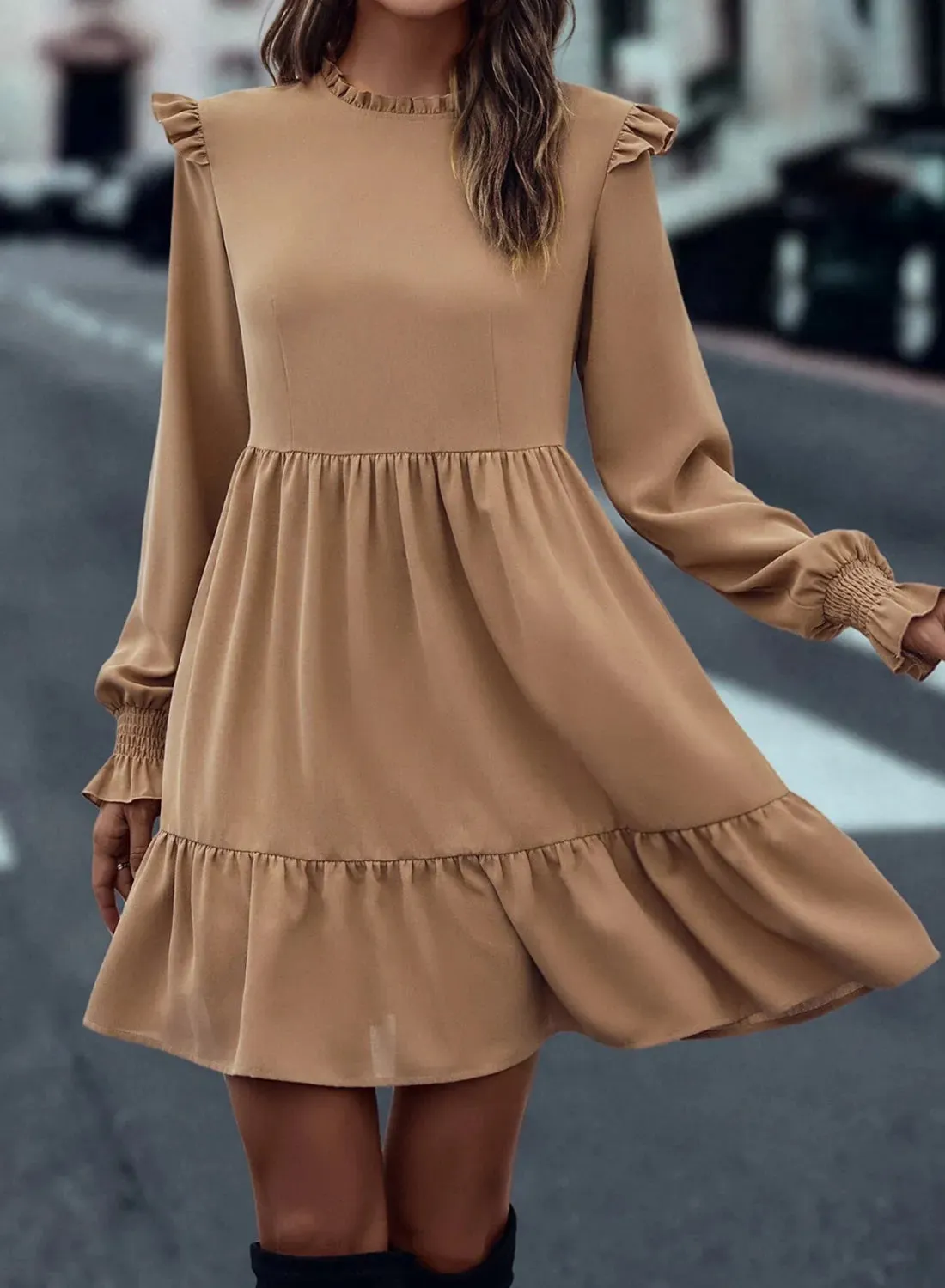 Frill Round Neck Flounce Sleeve Mini Dress sold by Leota