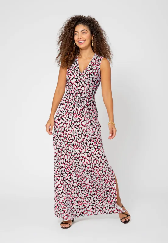 Leota Women's Sleeveless Perfect Wrap Maxi Dress in Brushstroke Leopard Fruit Dove  White sold by Leota