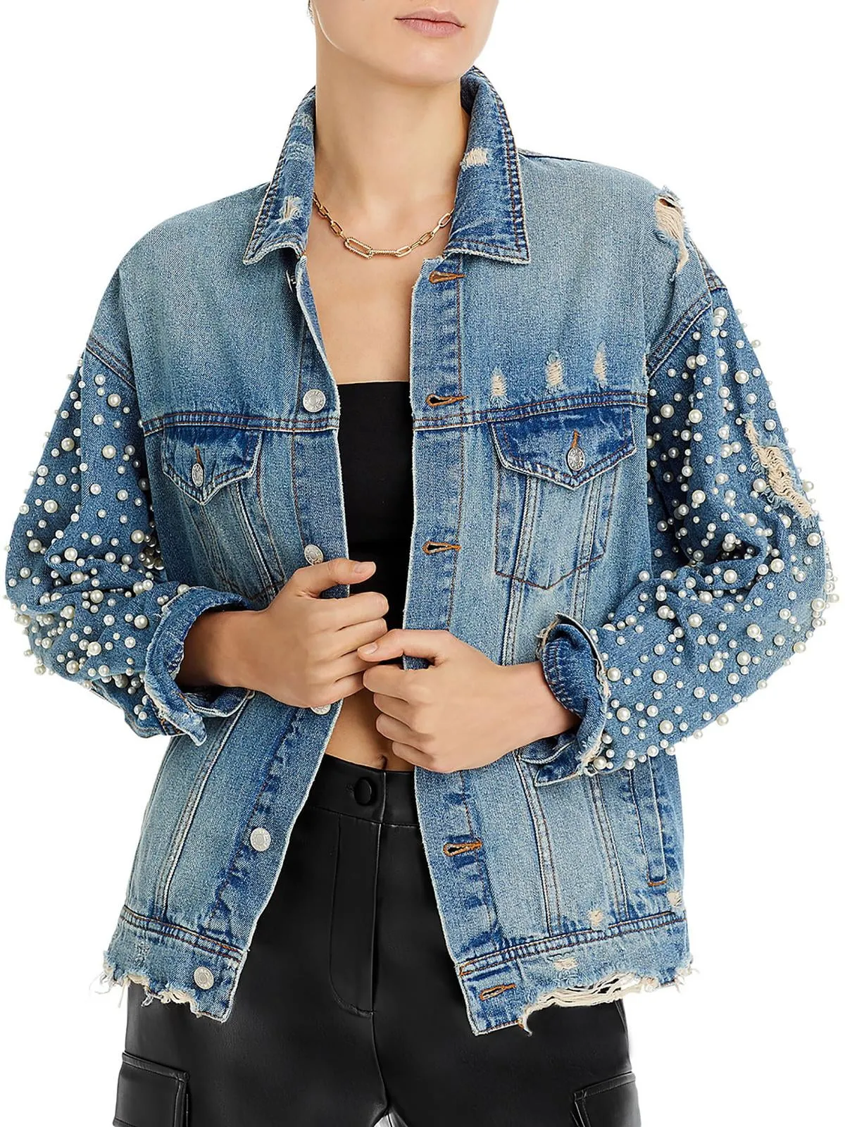 Exclusive Embellished Distressed Denim Jacket Blue sold by Leota