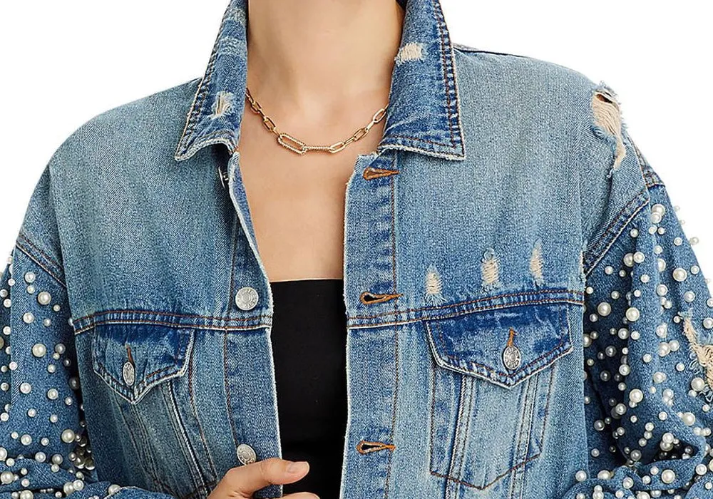 Exclusive Embellished Distressed Denim Jacket Blue sold by Leota product image thumbnail 2