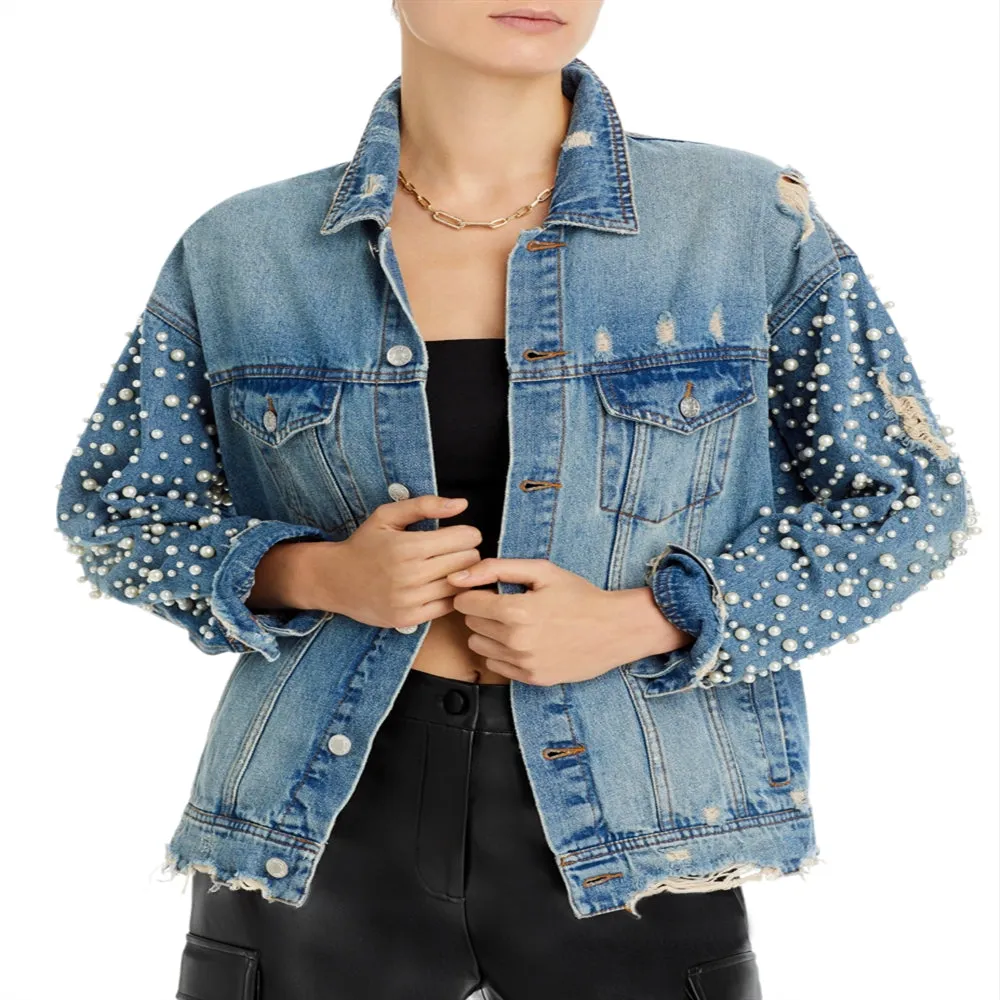 Exclusive Embellished Distressed Denim Jacket Blue sold by Leota product image thumbnail 4