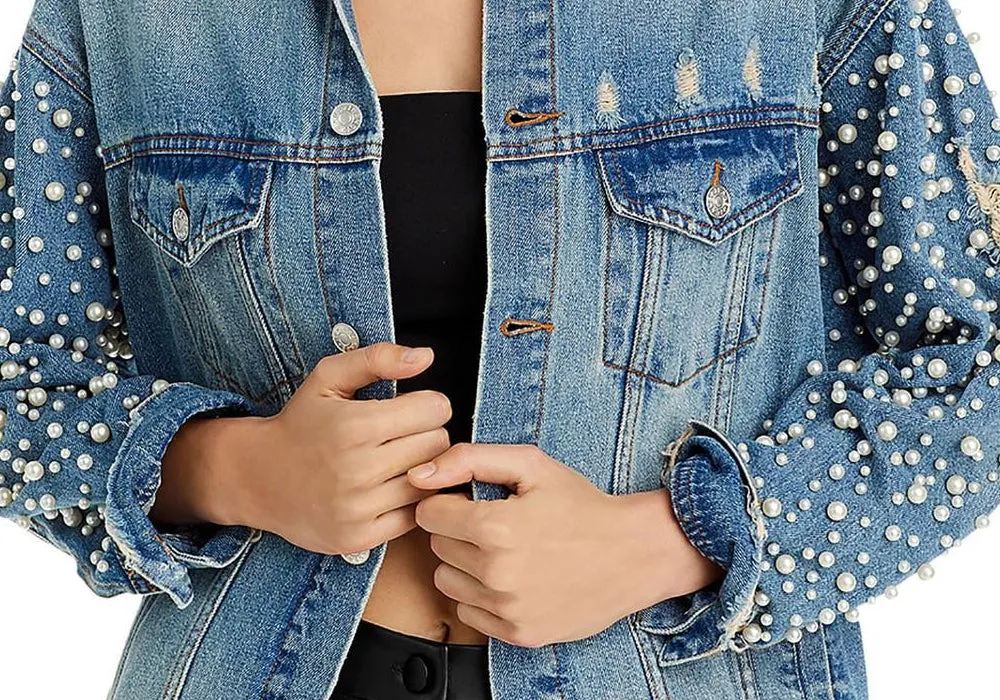 Exclusive Embellished Distressed Denim Jacket Blue sold by Leota product image thumbnail 3