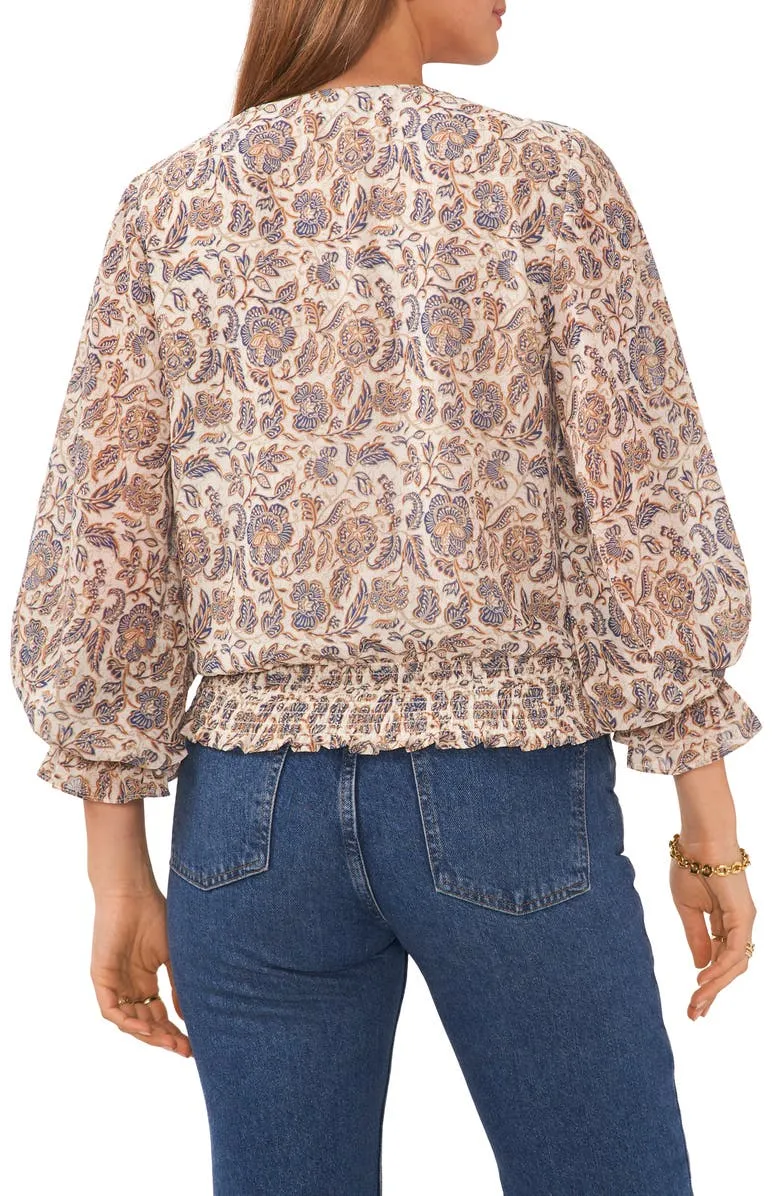1.STATE Print Smocked Blouse Ivory Brown Size L sold by Leota product image thumbnail 2