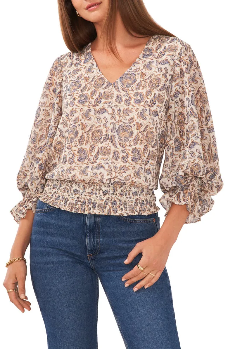 1.STATE Print Smocked Blouse Ivory Brown Size L sold by Leota