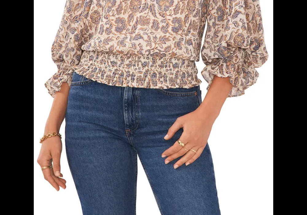 1.STATE Print Smocked Blouse Ivory Brown Size L sold by Leota product image thumbnail 3