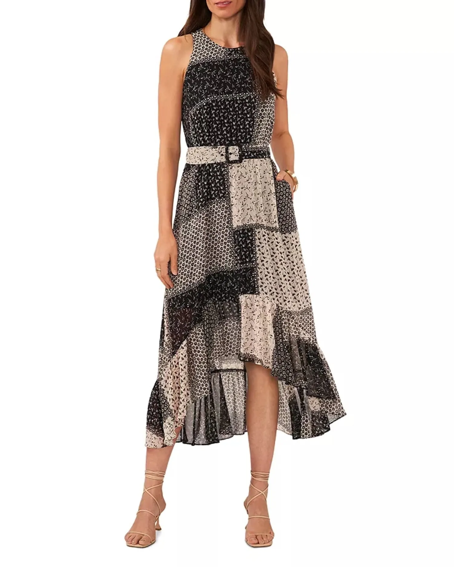 1.state Women's Sleeveless Printed Belted High-Low Dress Black sold by Leota